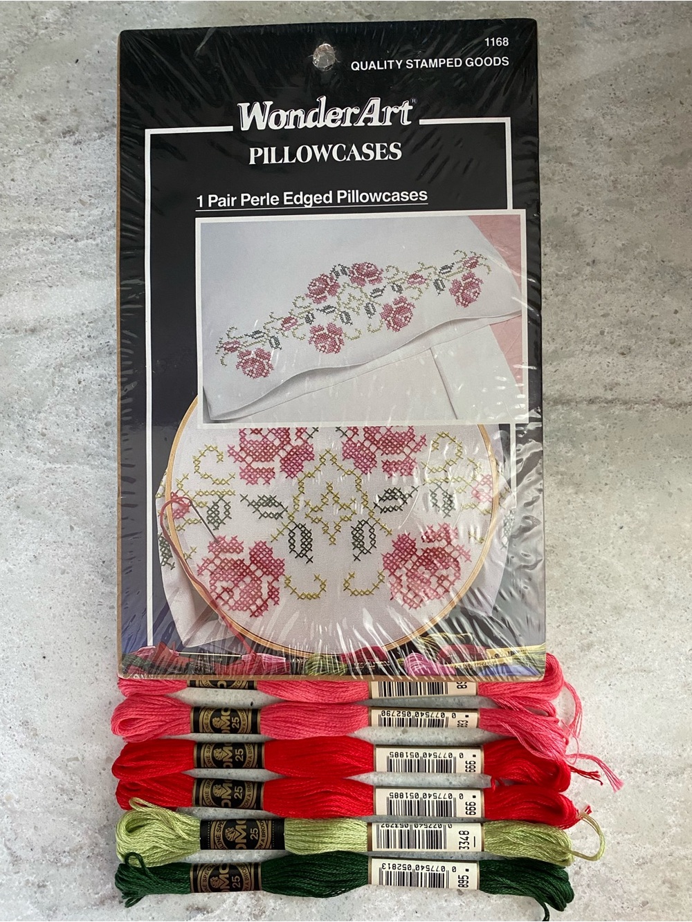 WonderArt Colonial Rose Stamped Cross Stitch Perle Edged Pillowcases Plus Floss
